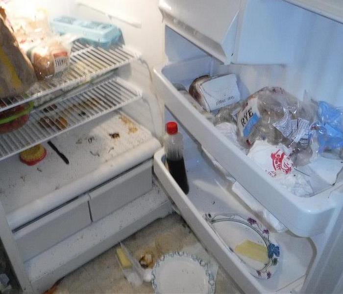 Refrigerator with caked on food and unidentified substances 