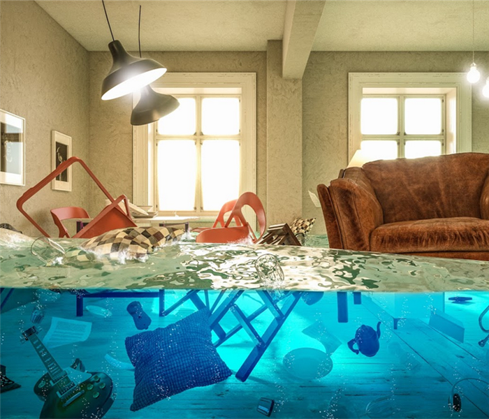flooded living room with floating furniture