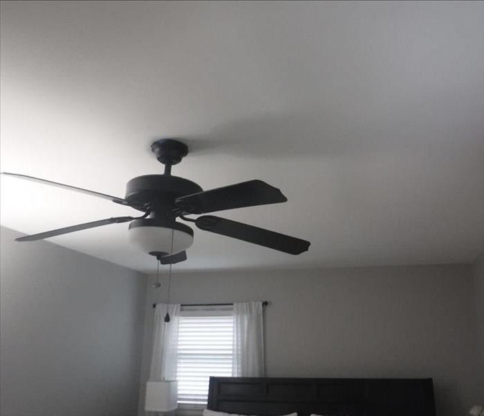 Ceiling and ceiling fan in master bedroom are covered in soot damage